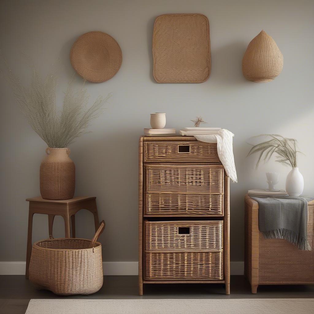 Tall wicker storage chest in a living room setting