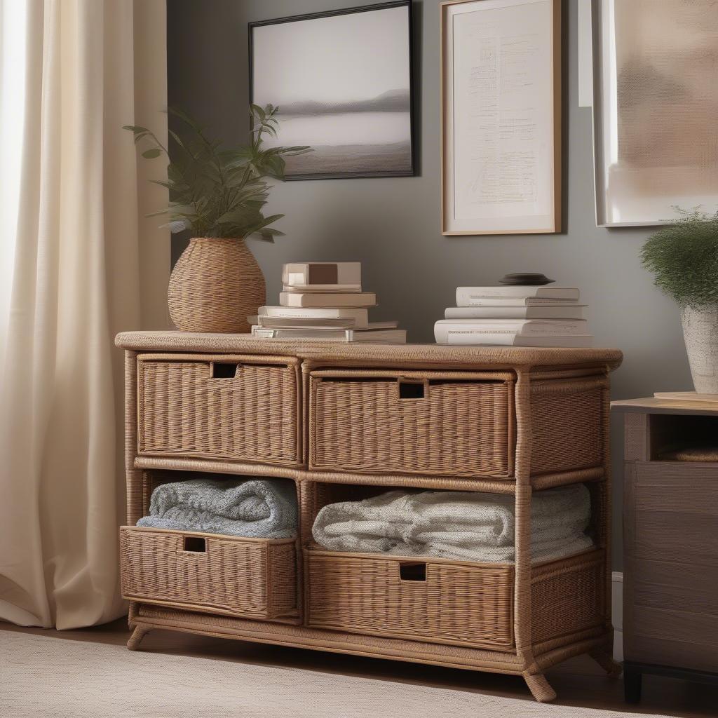 Tall wicker storage drawers in a living room setting, showcasing their organizational capabilities and adding a touch of natural elegance to the space.