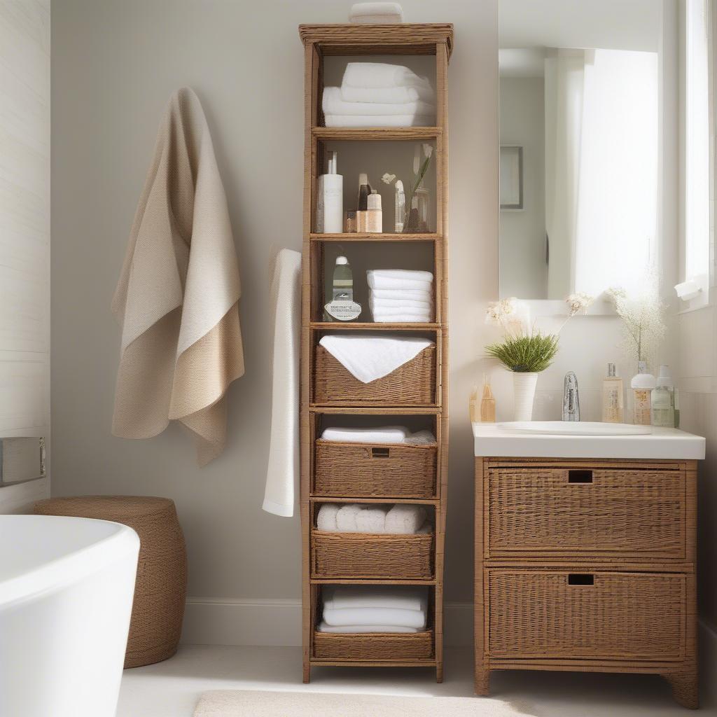 Tall wicker storage tower in a modern bathroom providing stylish organization.