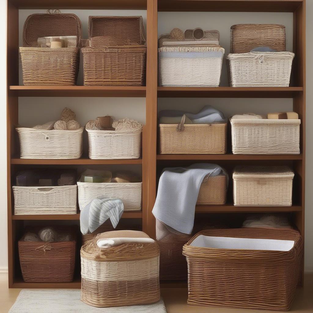 Tall wicker storage baskets with liners and lids in different styles and sizes.