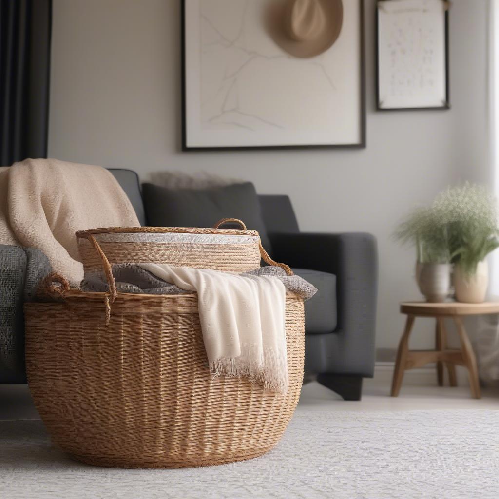 Tan Wicker Storage Basket Box in a Living Room Setting