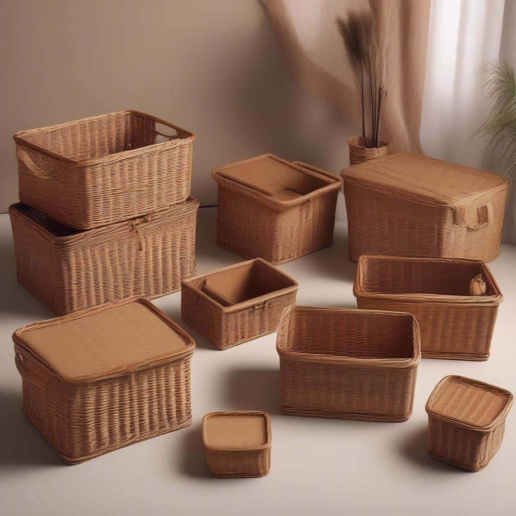 Tan Wicker Storage Basket Boxes in Different Sizes and Shapes