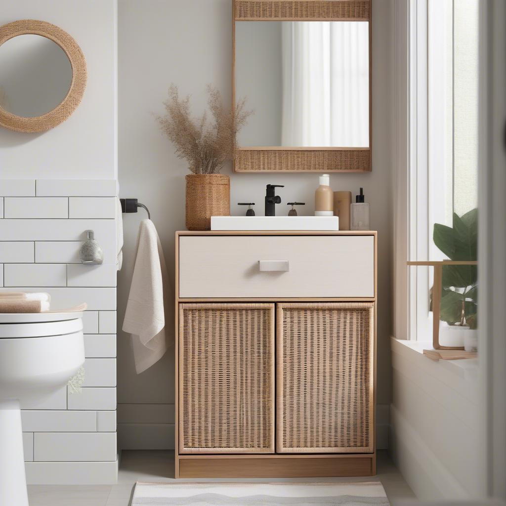 Target Two Door Wicker Cabinet in a Bathroom