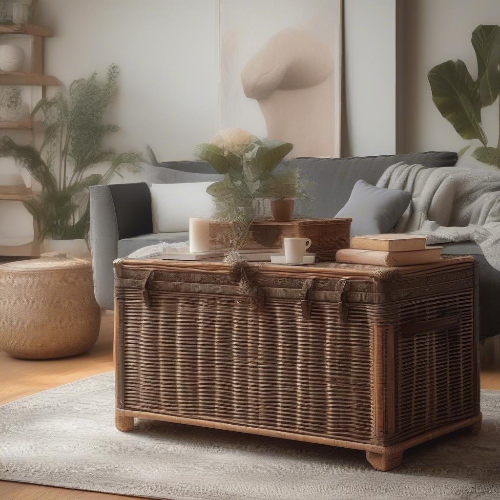 Target wicker storage trunk in a living room setting