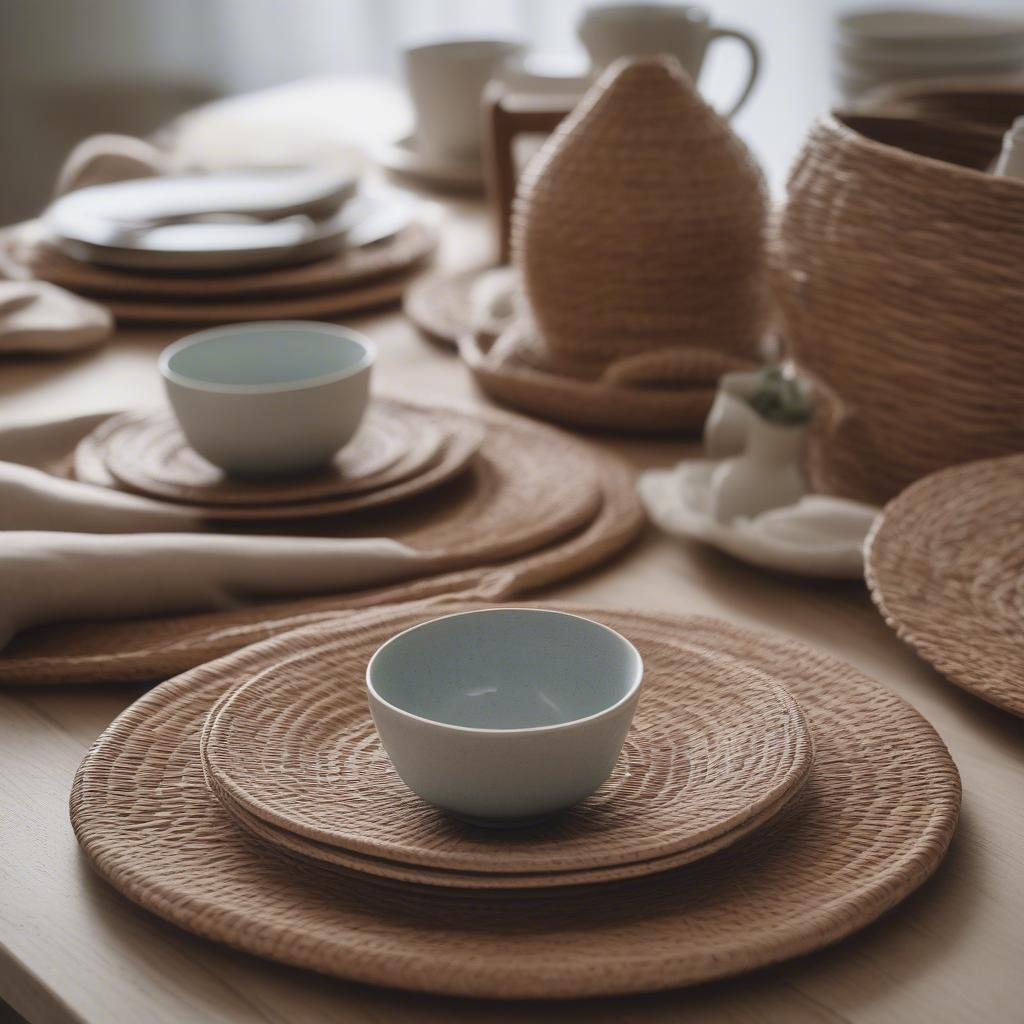 Thick wicker placemats on a dining table setting, showcasing their texture and rustic charm.