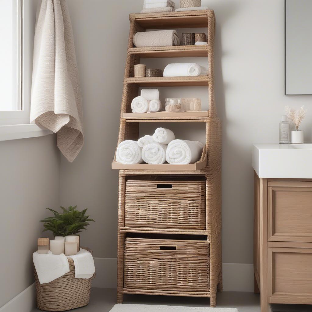 Three-drawer wicker storage unit in a bathroom for organization