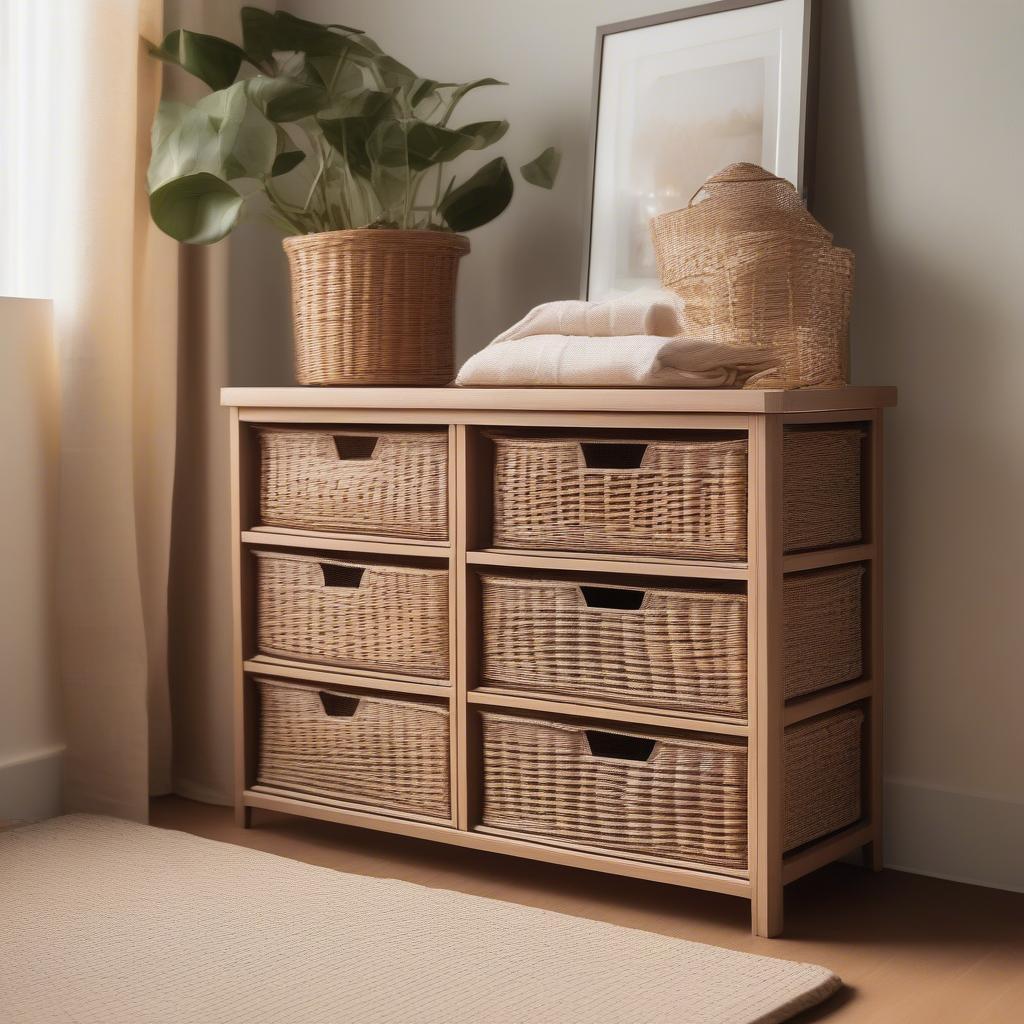 Three drawer wicker storage unit in a natural-toned living room