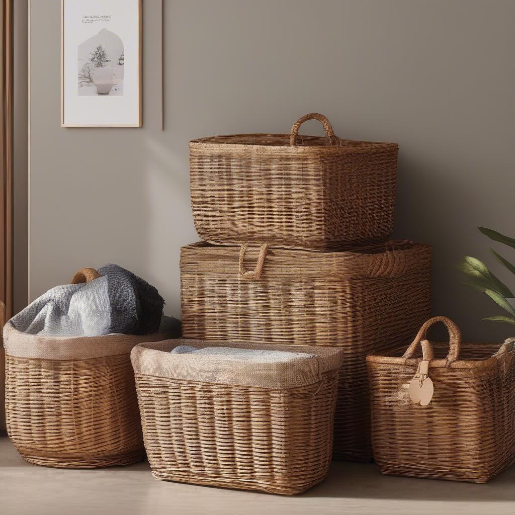 Three wicker storage baskets of different sizes for versatile storage solutions.