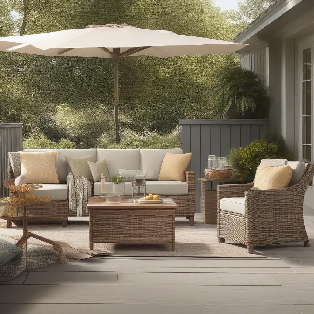 The Threshold Holden chairs arranged on a patio, showcasing their integration with outdoor furniture and decor.