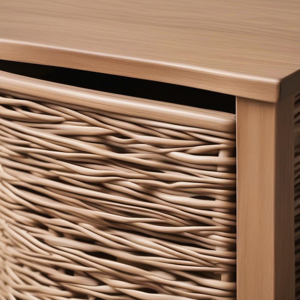 Close-up view of a Threshold™ wicker storage accent table