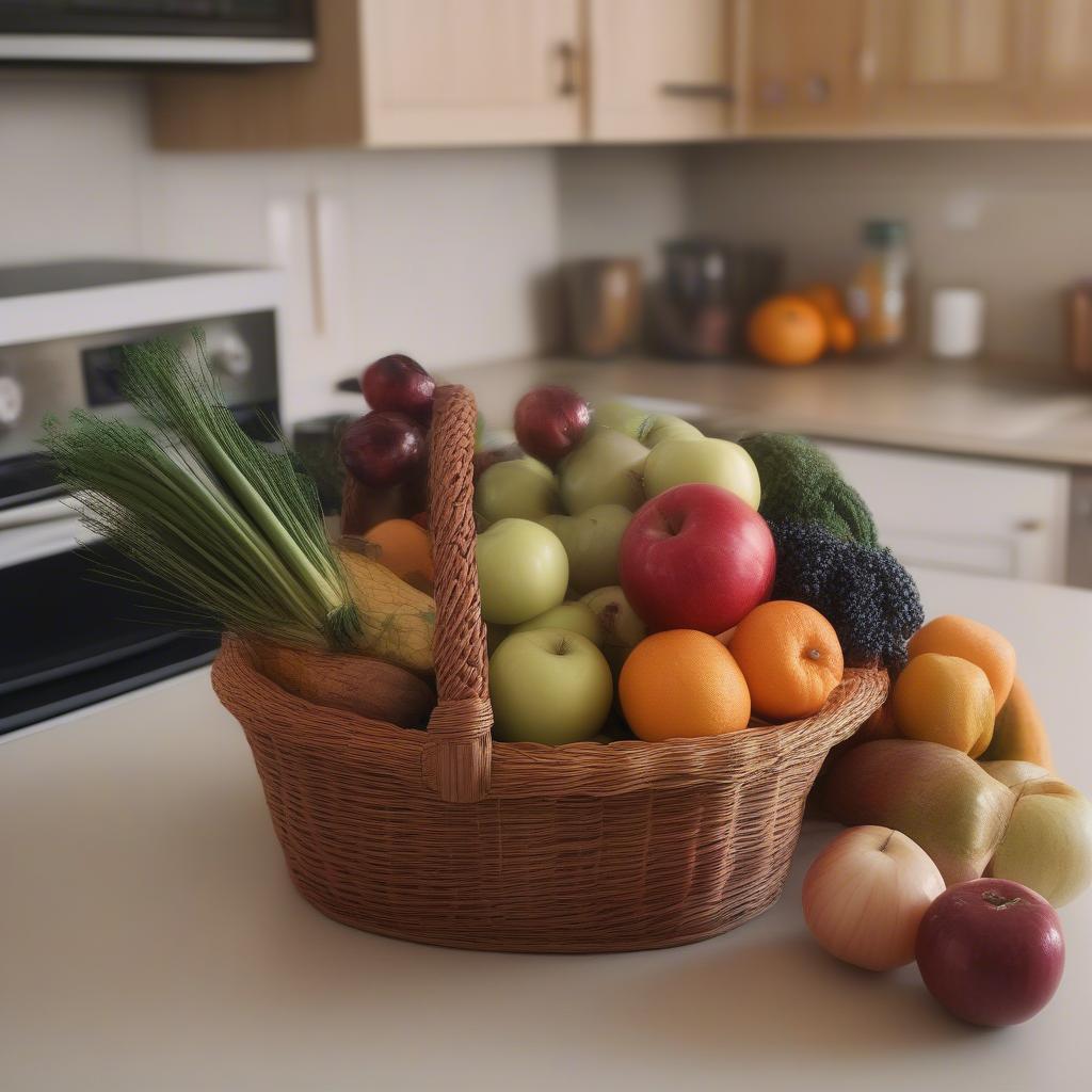 Tiered wicker basket filled with fruits and vegetables in a kitchen setting