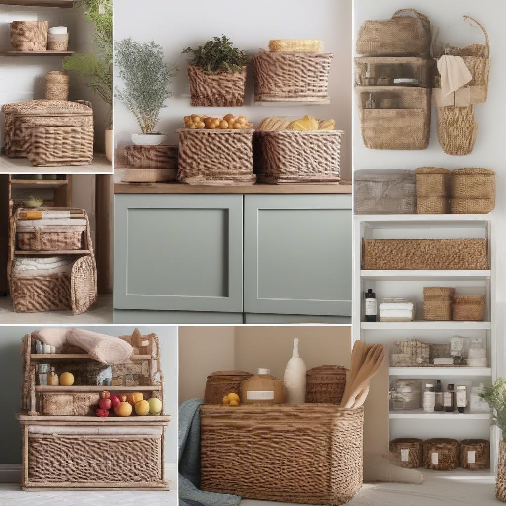 Tiered wicker basket storage ideas for kitchen, bathroom, and living room