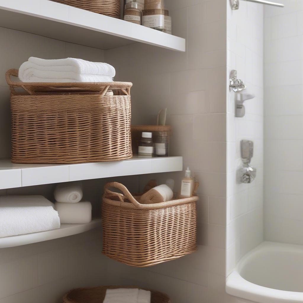 Tiered wicker storage baskets used to organize toiletries and towels in a bathroom setting.