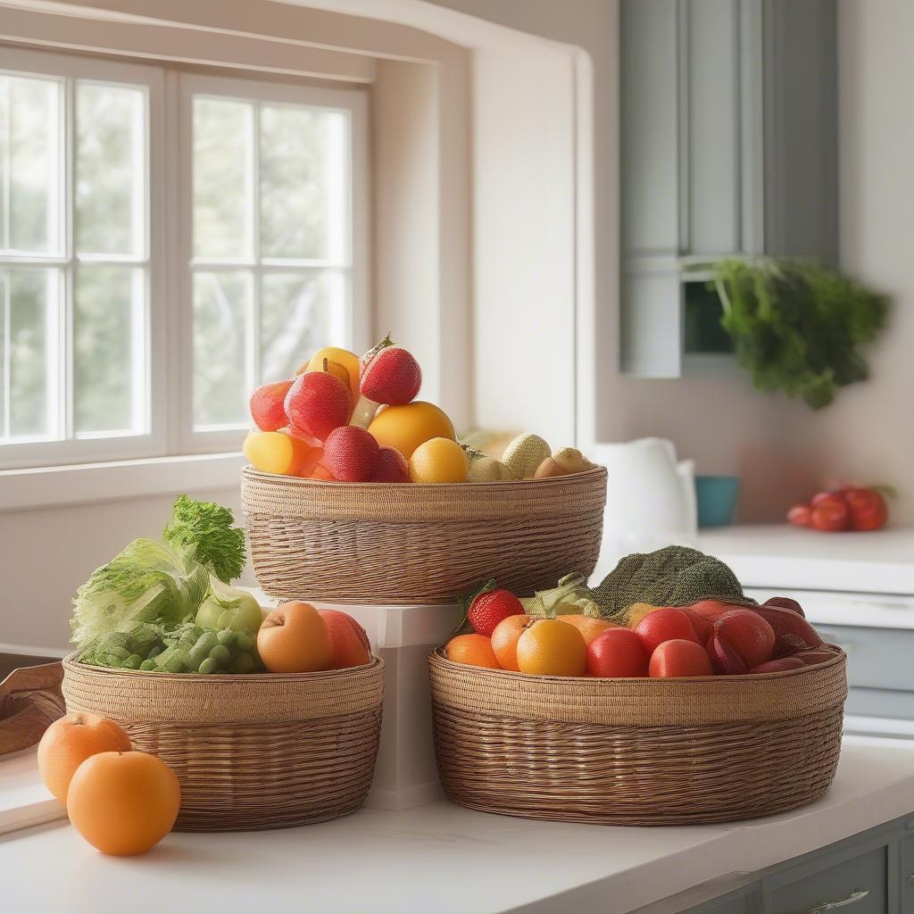 Tiered wicker storage baskets used to organize fruits and vegetables in a kitchen setting.