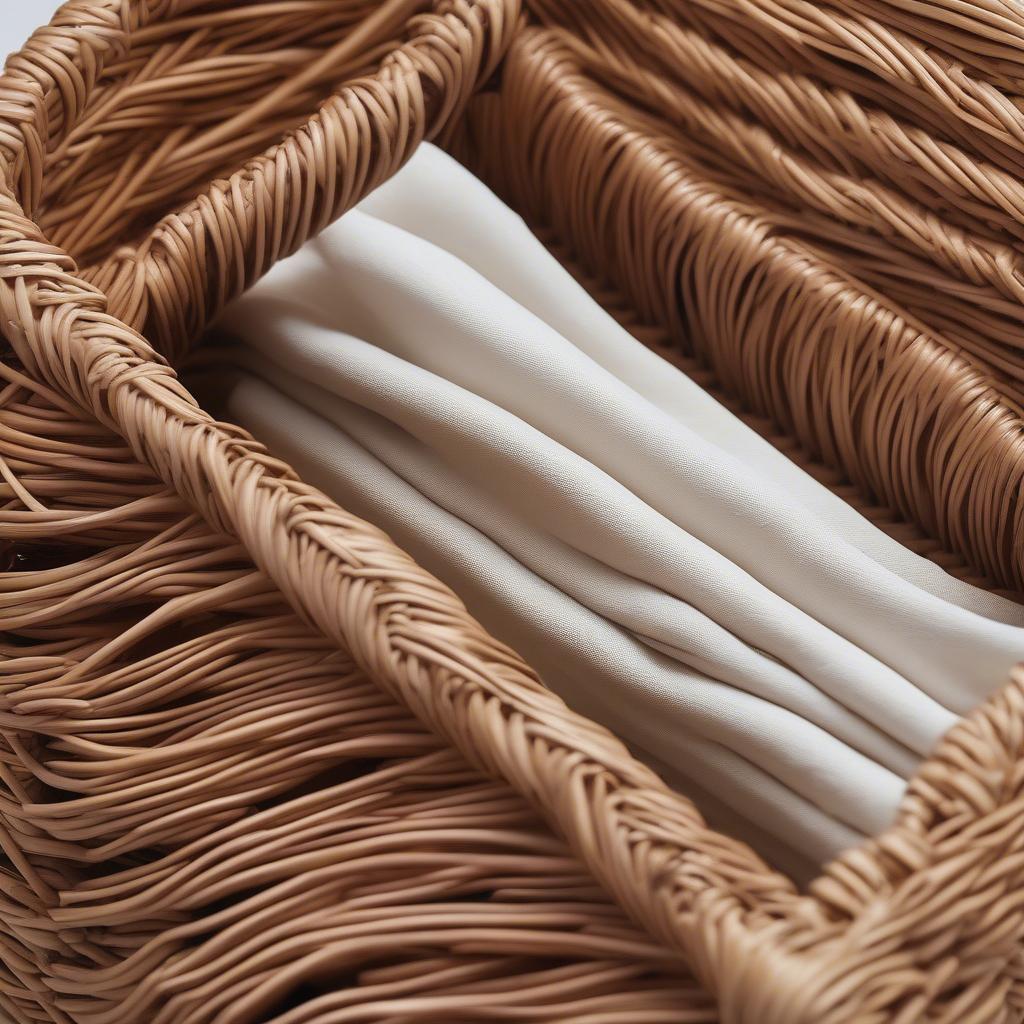 Close-up of a TJM wicker napkin holder showcasing intricate weave and natural texture