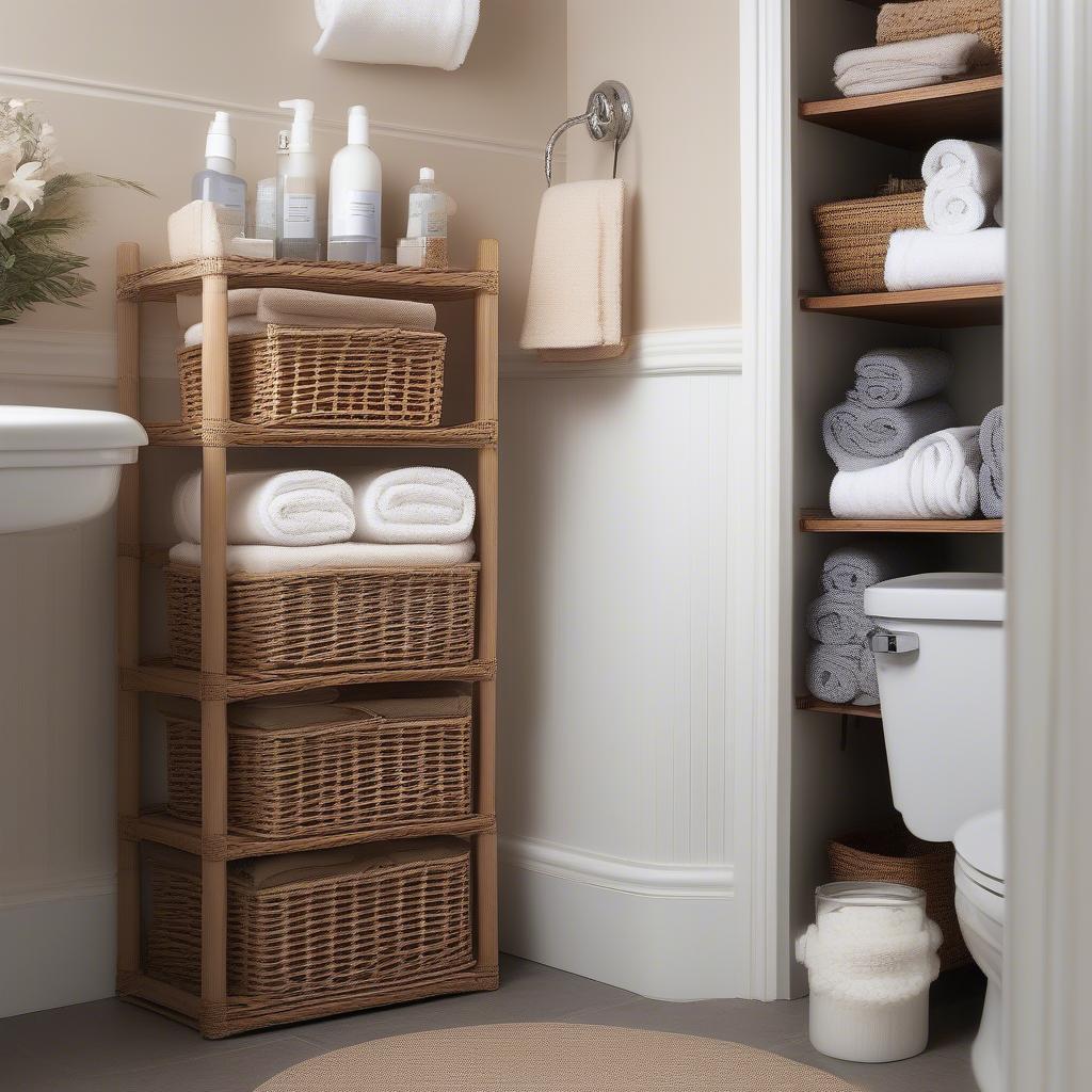 Tray Wicker Storage Baskets in a Bathroom Setting