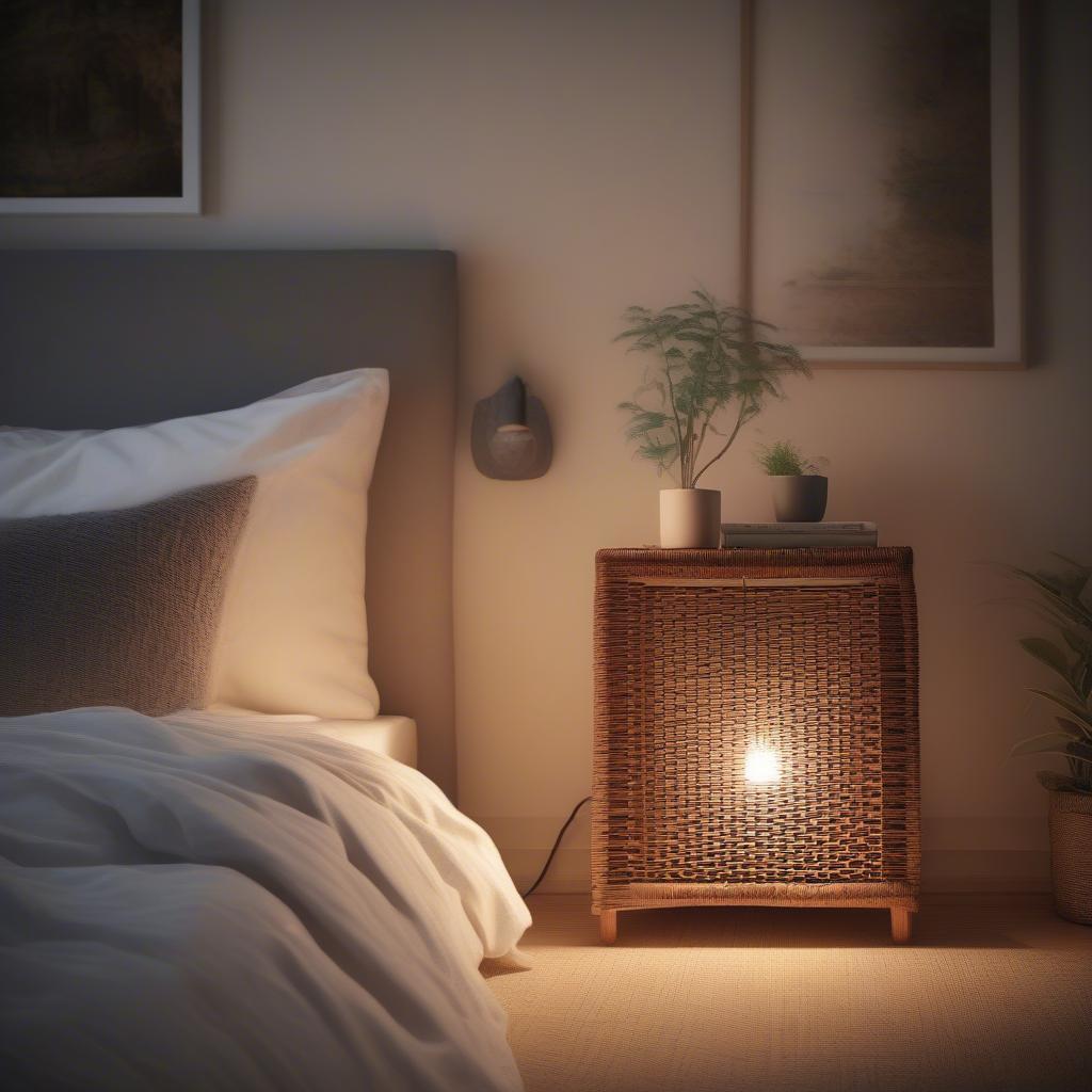 Triangular wicker cube storage used as a nightstand in a bedroom.