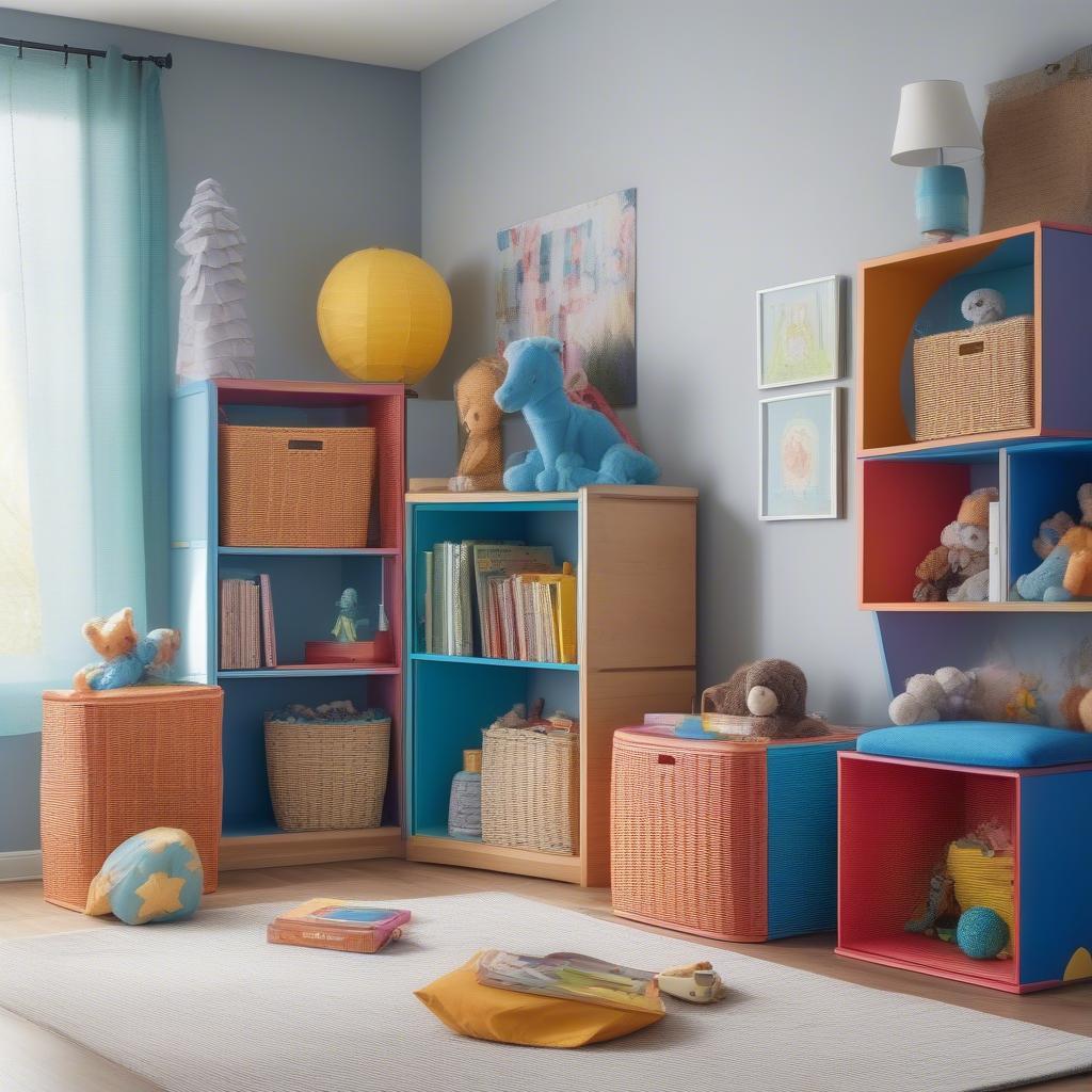 Triangular wicker cube storage units in a child's room.