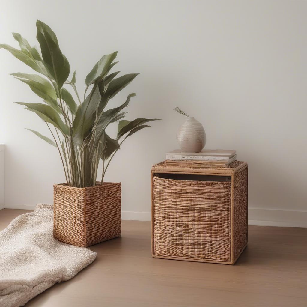 Triangular wicker cube storage unit in a living room setting