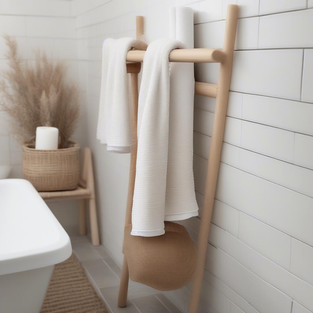 White wicker towel holder in a modern bathroom