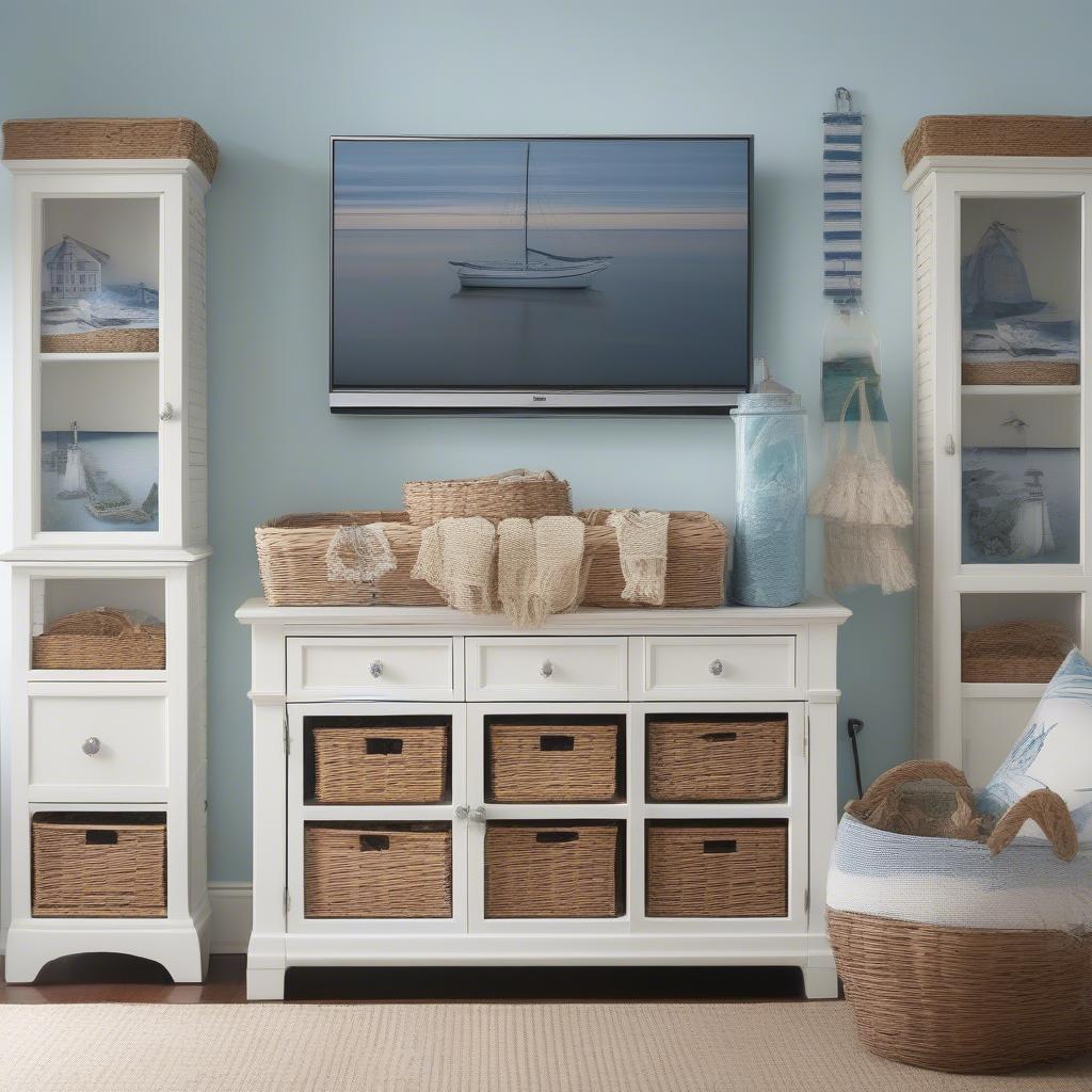 TV Cabinet with Wicker Baskets in Coastal Decor