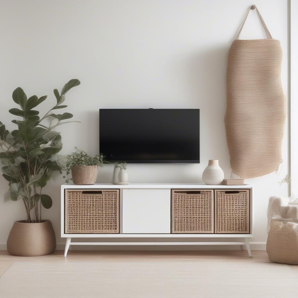 Modern TV Cabinet with Wicker Baskets in a Living Room