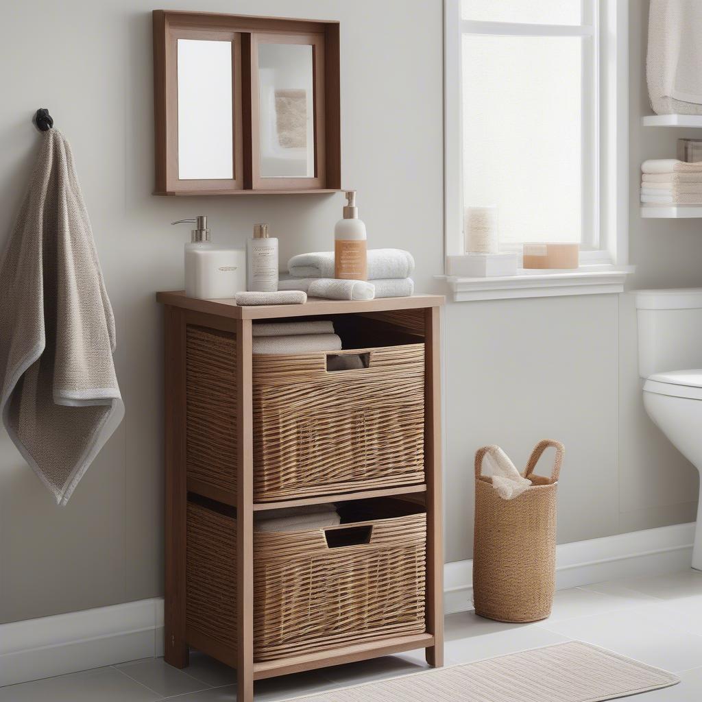 Two Drawer Wicker Basket Storage Unit in Bathroom