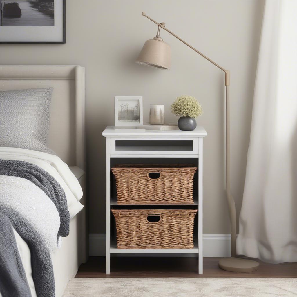 Two Drawer Wicker Basket Storage Unit in Bedroom