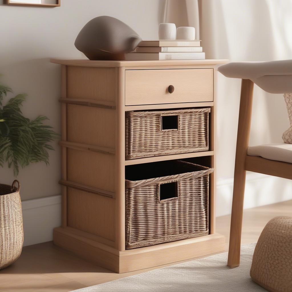 Two Drawer Wicker Basket Storage Unit in Living Room