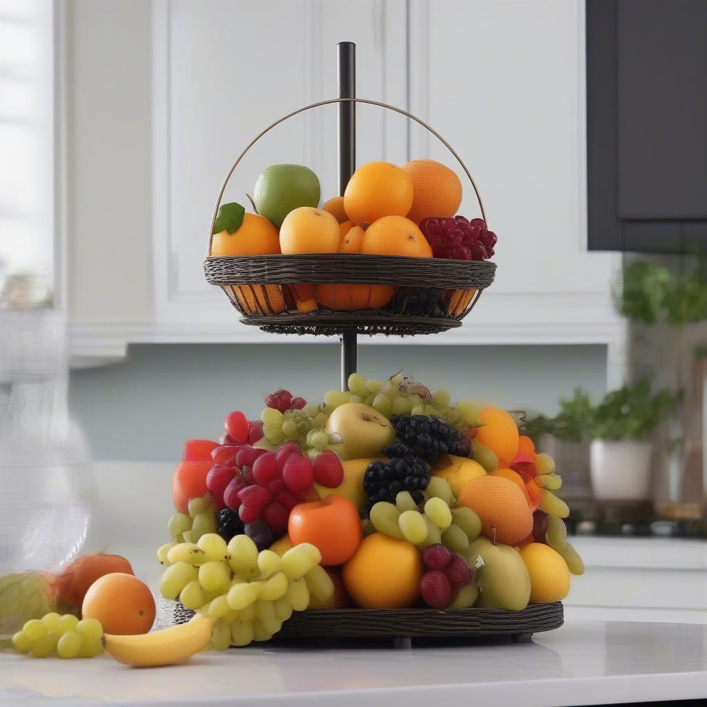 Two Tiered Wicker and Metal Fruit Holder on a Kitchen Counter