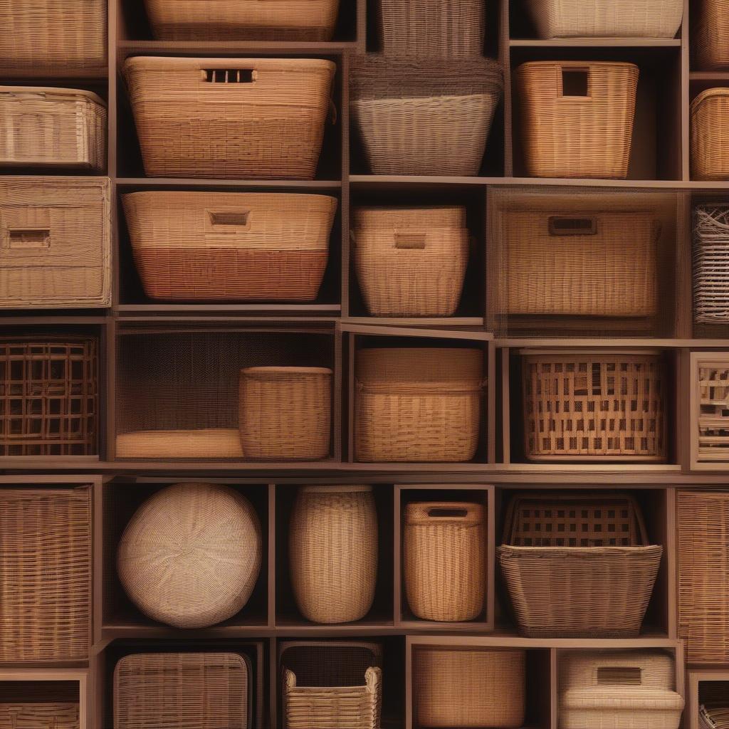 Various types of wicker baskets suitable for kitchen cabinets, showcasing different weaves, shapes, and sizes.