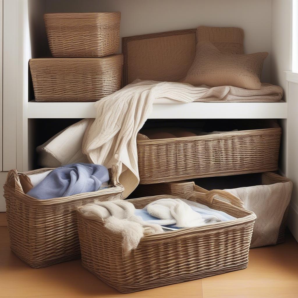 Under bed wicker basket storage ideas showing various sizes and styles of baskets neatly arranged under a bed.