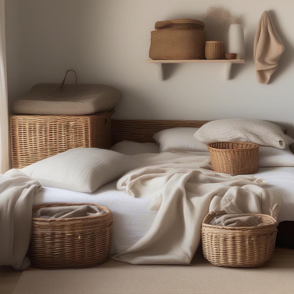 Wicker storage baskets neatly tucked under a bed in a minimalist bedroom, maximizing space and adding a touch of natural elegance.