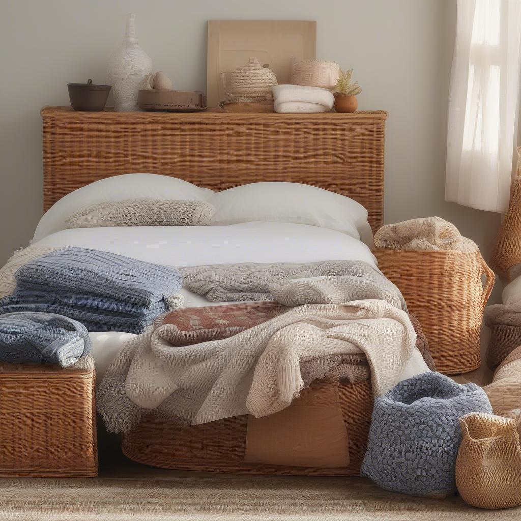 Wicker storage baskets neatly tucked under a bed, organizing clothes and blankets.