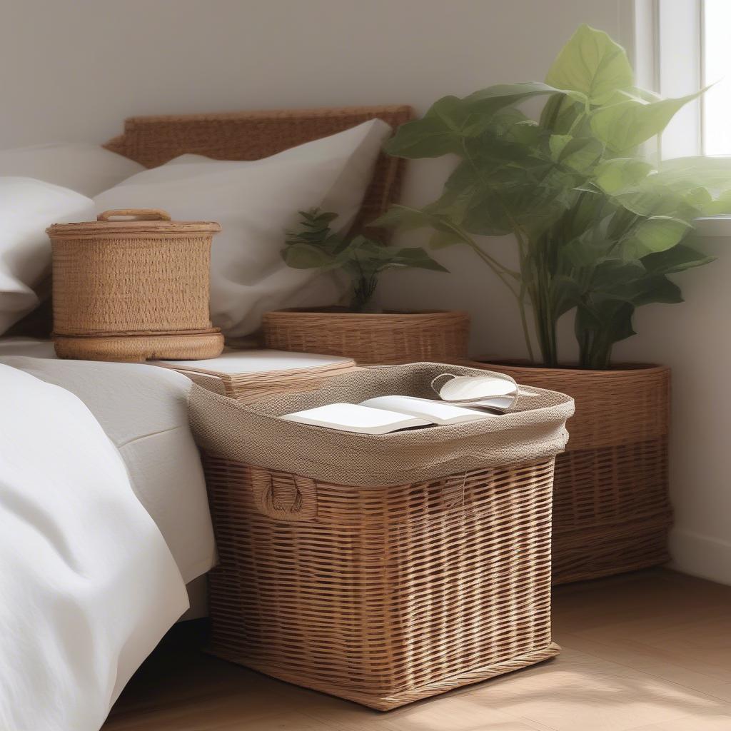 Stylish wicker storage containers under a bed in a minimalist bedroom