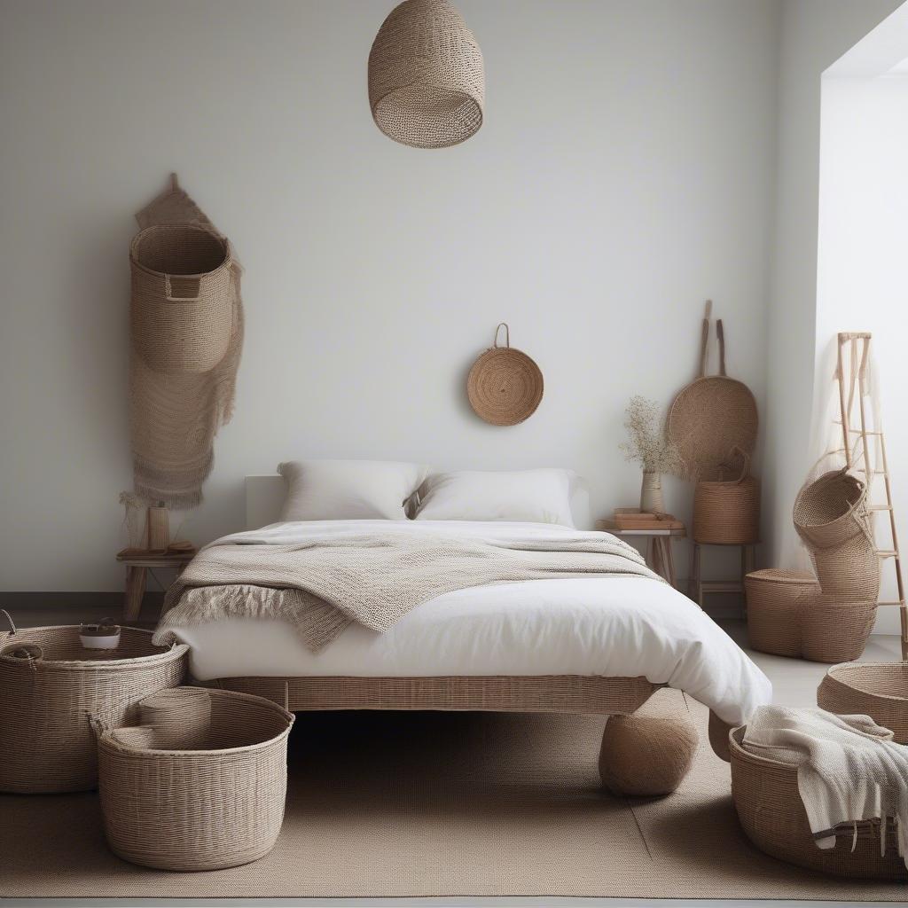 Wicker storage baskets neatly tucked under a bed in a minimalist bedroom, showcasing efficient space utilization and adding a touch of natural texture.