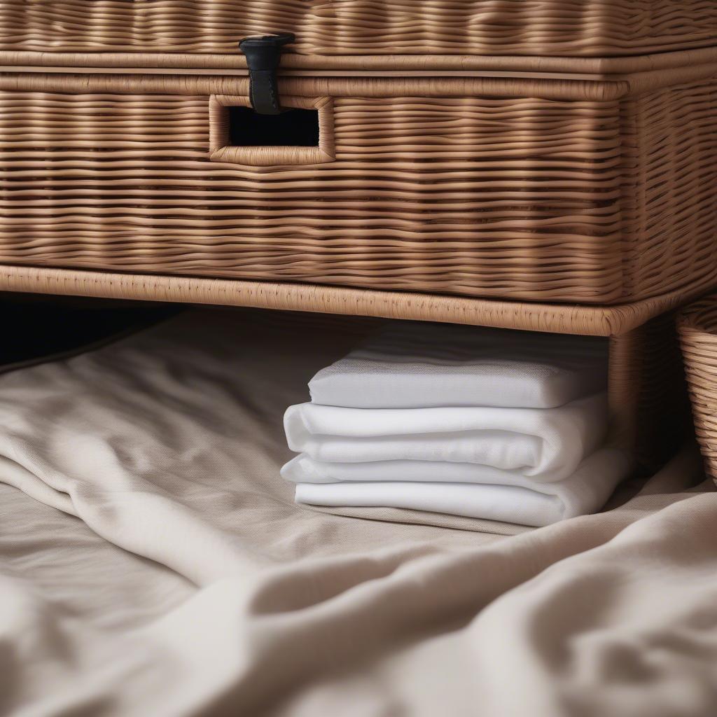 Underbed wicker storage box made of natural rattan, showcasing its woven texture and practical design.