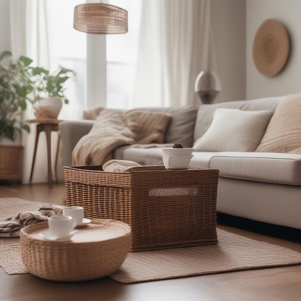 Underbed wicker storage baskets in a living room setting, storing blankets and board games, blending seamlessly with the room's décor.