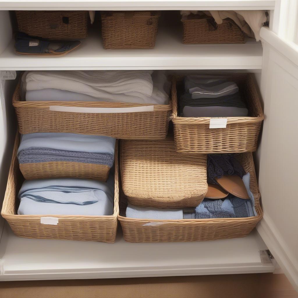 Organized underbed storage with labeled wicker baskets