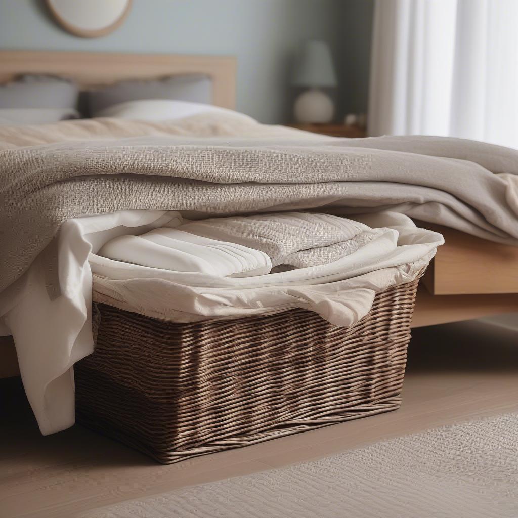 Underbed wicker storage basket with lid, neatly organizing blankets and pillows under a bed.