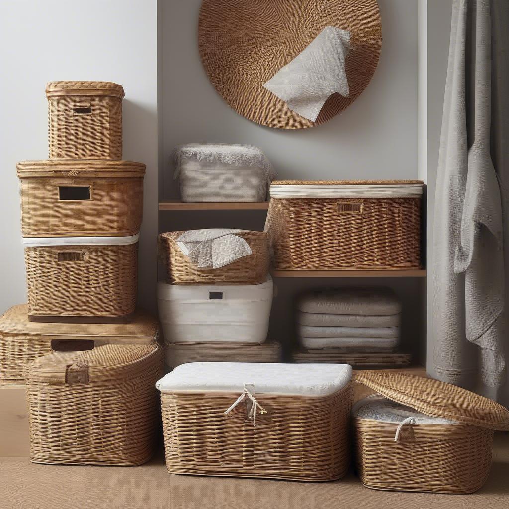 Various sizes of underbed wicker storage baskets with lids, showcasing their versatility for different storage needs.