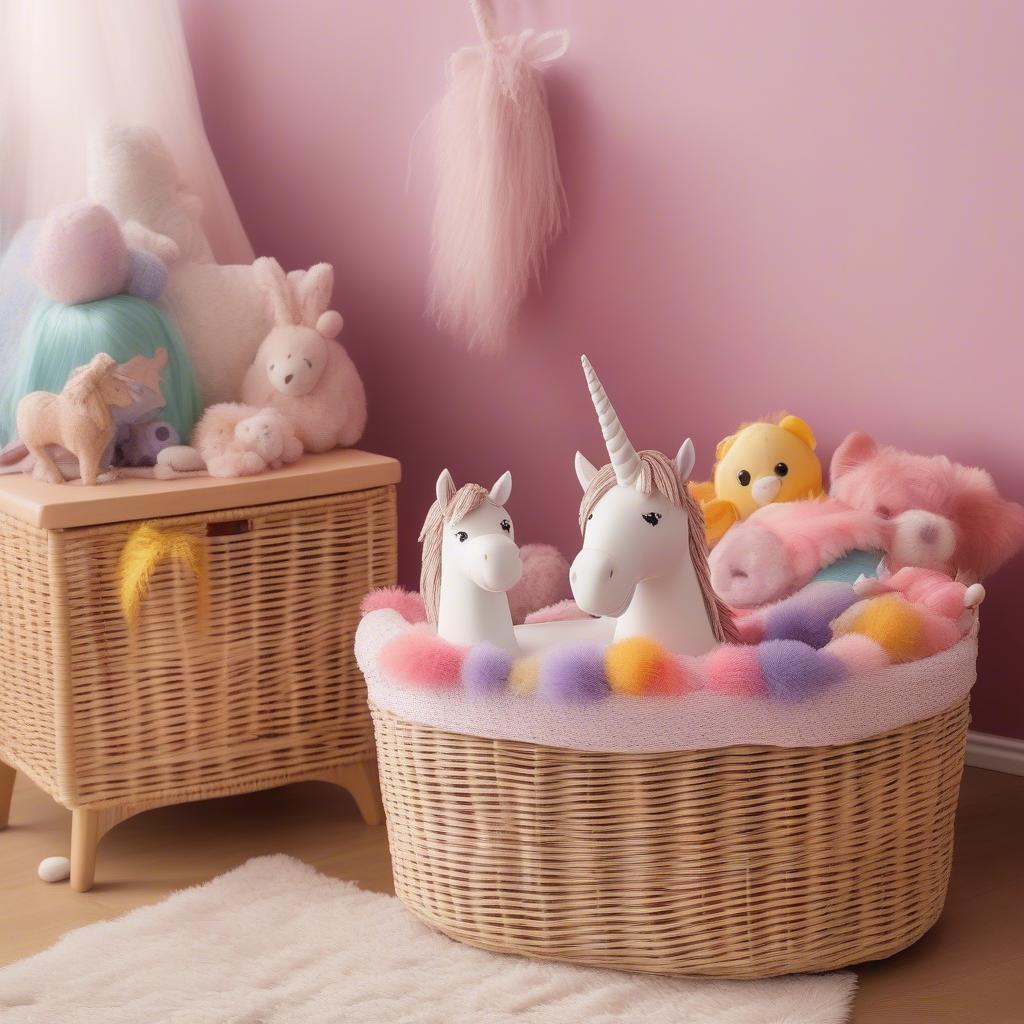 Unicorn wicker storage basket in a child's room