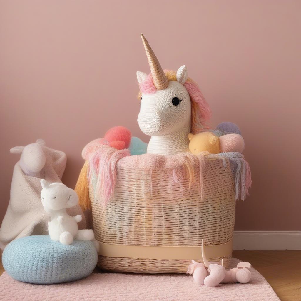 Unicorn Wicker Storage Basket in a Nursery