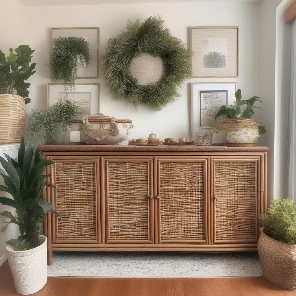 Used Wicker Buffet Cabinet in a Dining Room Setting