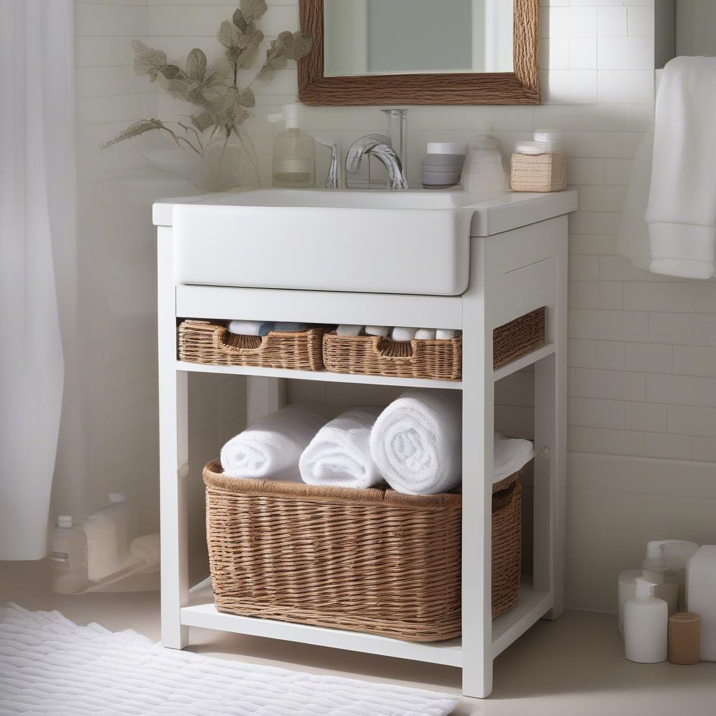 Vanity wicker basket storage unit in a modern bathroom setting