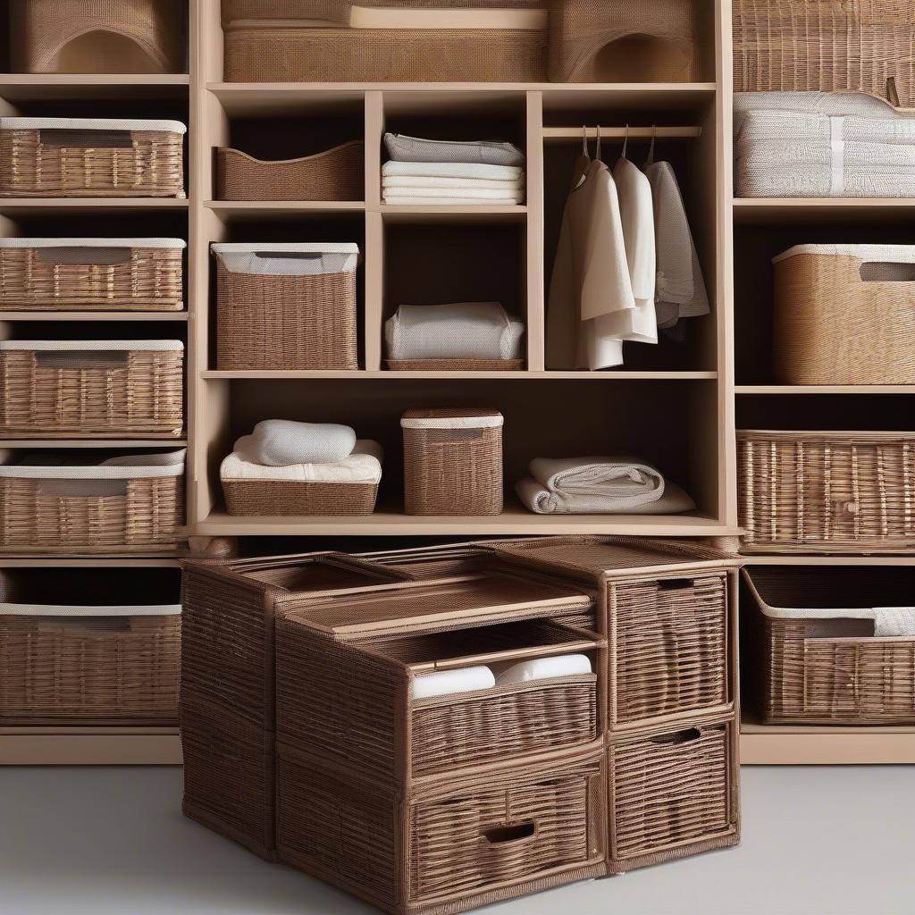 Different styles of brown wicker clothes drawer storage compartments