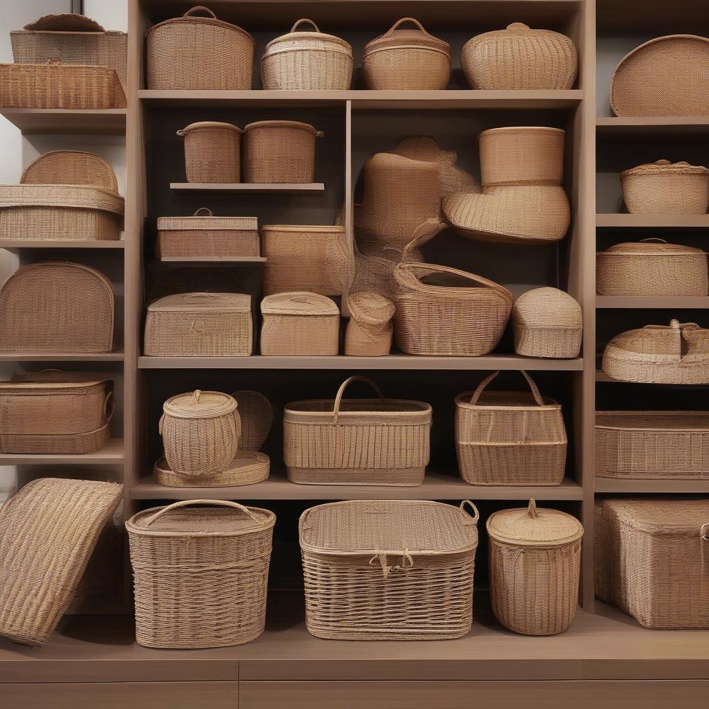 A variety of large wicker storage baskets in different shapes, sizes, and colors.