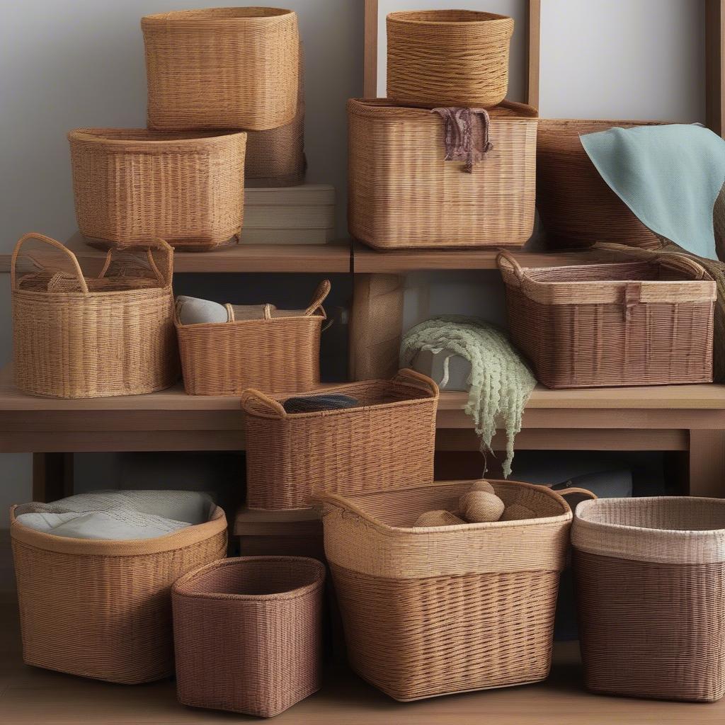 Different styles and materials of 11x11 wicker storage baskets showcased together, highlighting variety and options.