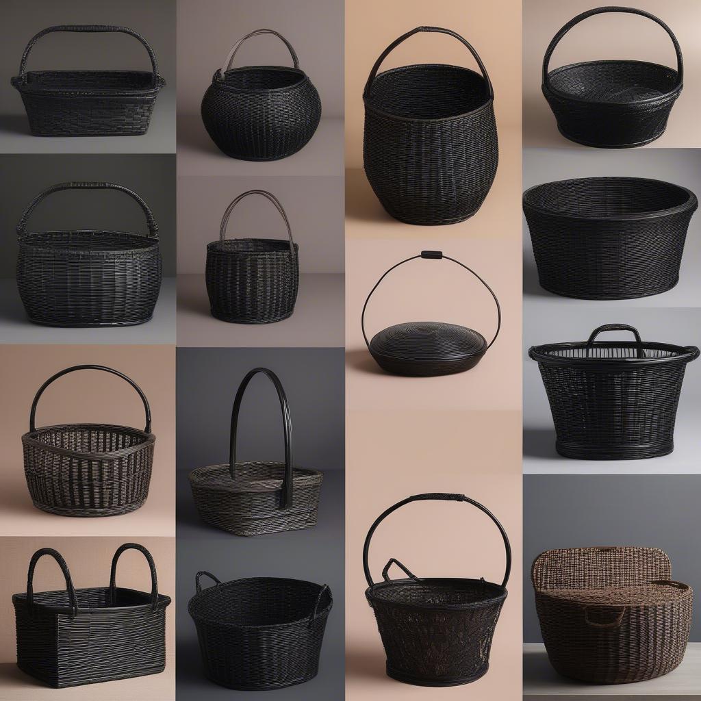 A variety of black wicker storage baskets