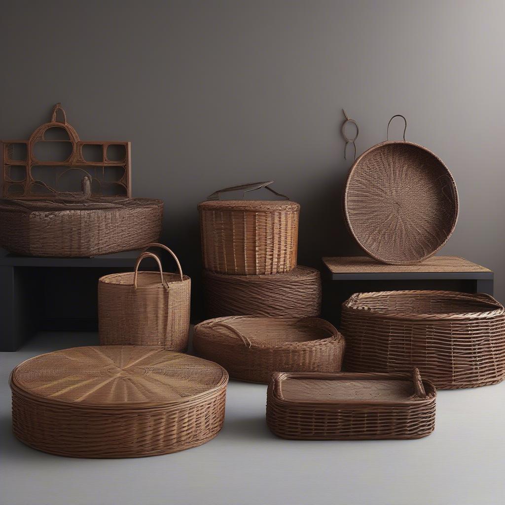 Different styles and sizes of dark brown wicker basket lids displayed on a table